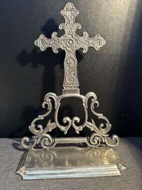 Ornate Metal Cross Bible Stand Religious Book Holder Scrollwork 14" Tall